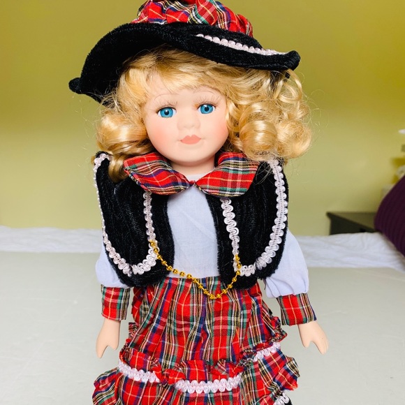 Collectible 15” Porcelain Doll Blond Girl blue eyes red Plaid dress New with box - Picture 3 of 5
